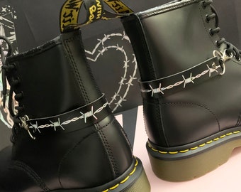 BARBED WIRE LEATHER boot strap, holographic vegan leather boot chain, grunge charms, shoe accessories, shoe jewellery, anklet chains charms