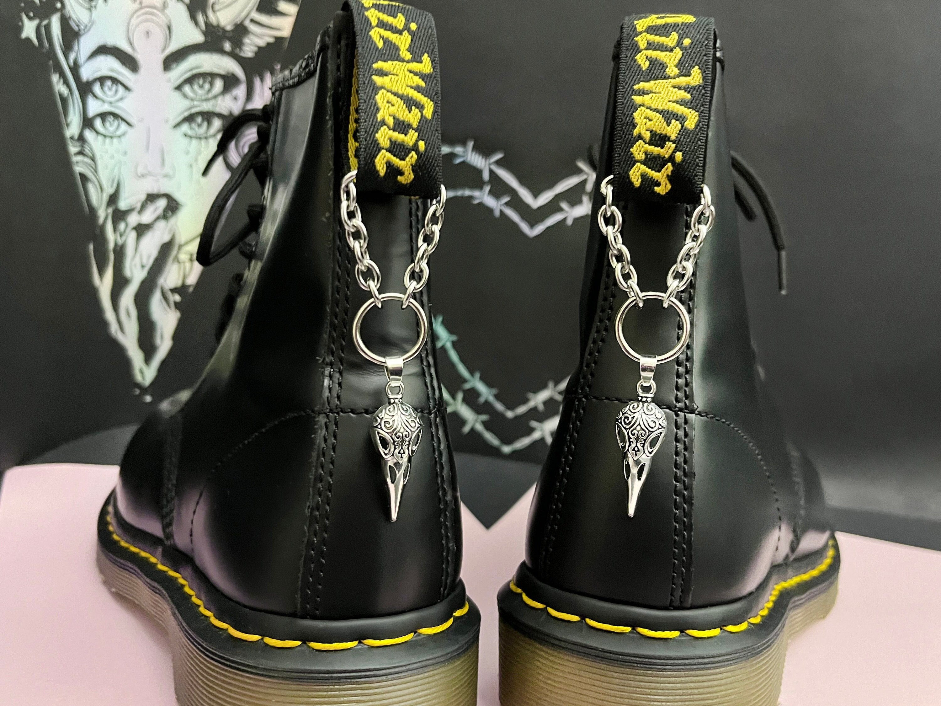 ORNATE RAVEN SKULL Boot Charms, Hanging Boot Chains, Rosary Beads Boot ...