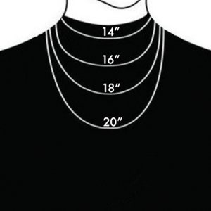 K&ouml;nnte beinhalten: Ein Diagramm, das verschiedene Halskettenl&auml;ngen zeigt, 14 Zoll, 16 Zoll, 18 Zoll und 20 Zoll.