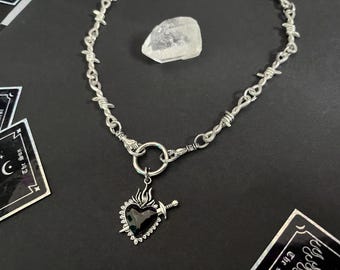 HAND & SACRED HEART dagger barbed wire necklace, alternative choker, Chunky goth jewelry, alt gothic dagger charm, hand made jewellery