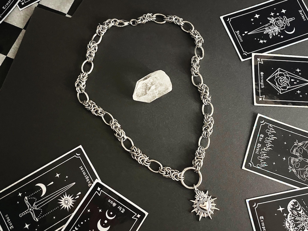 SACRED HEART O Ring chainmail necklace, alternative choker, grunge jewelry, alt gothic chunky hardware necklace