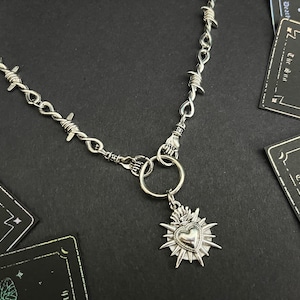 HAND & SACRED HEART barbed wire necklace, alternative choker grunge jewelry, alt gothic punk hardware necklace