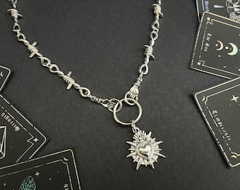 HAND & SACRED HEART barbed wire necklace, alternative choker grunge jewelry, alt gothic punk hardware necklace