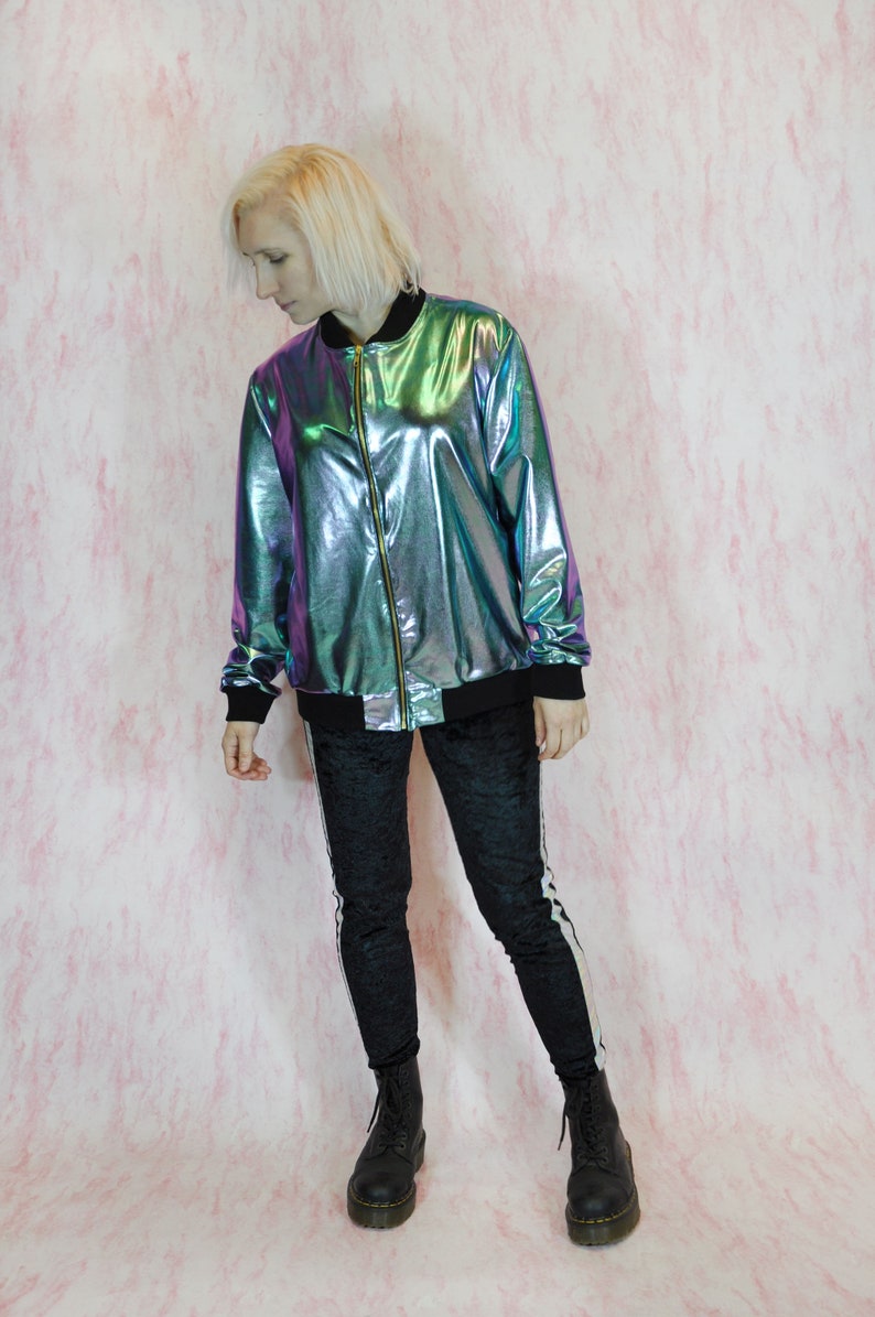 Men’s Mirrored Holographic Laser Bomber Jacket – Iridescent Festival Outfit