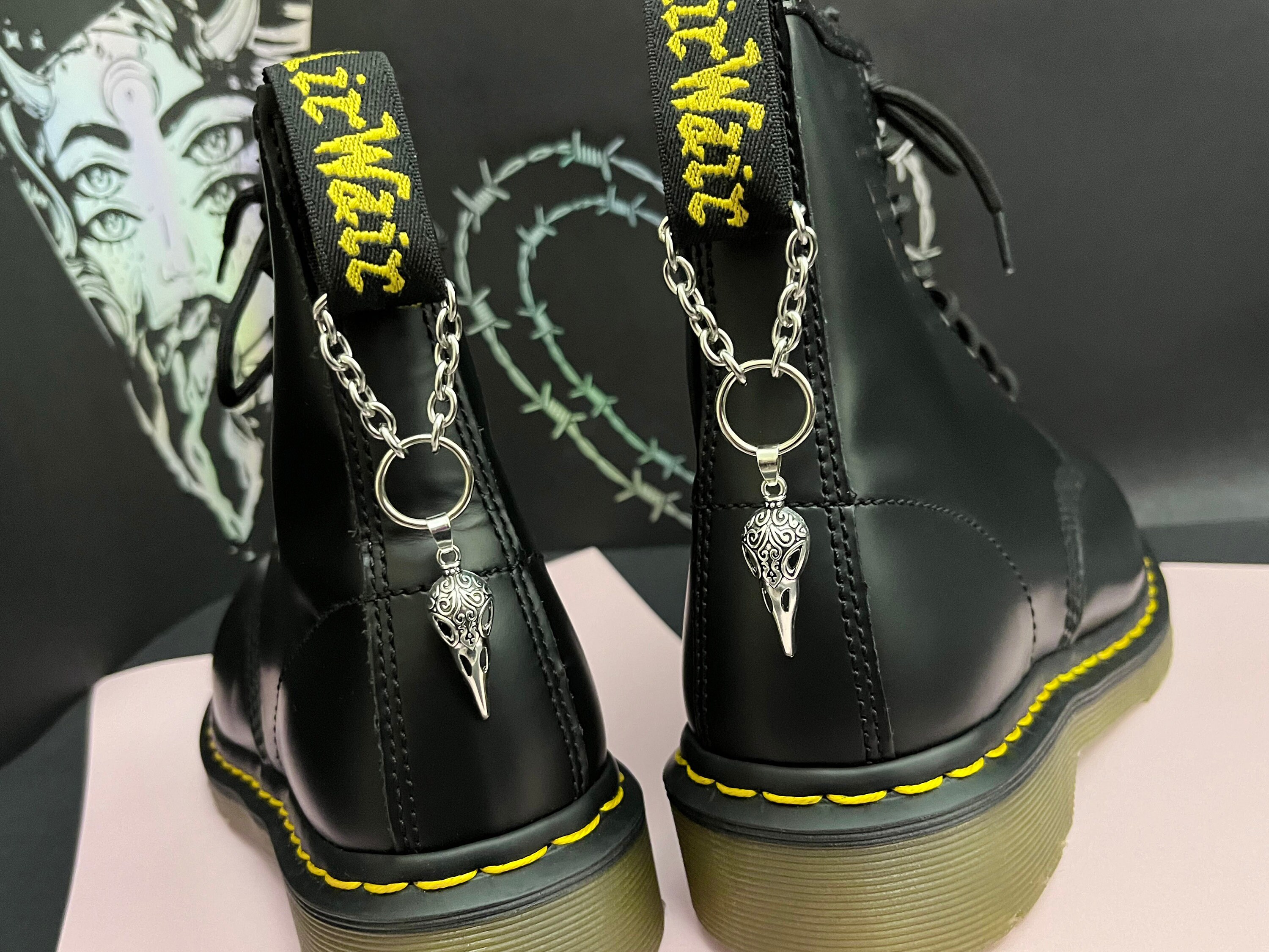 ORNATE RAVEN SKULL Boot Charms, Hanging Boot Chains, Rosary Beads Boot ...