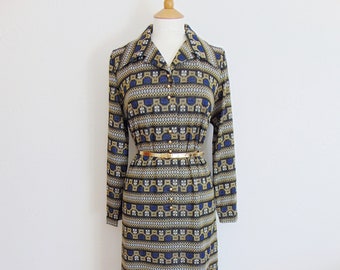 Vintage jaren '70 Maxi Jurk Goud Blauw Metallic Geo Print Shirt Stijl Long Go Go Jurk UK Maat 20