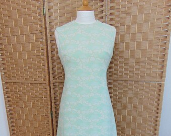 Vintage anni '60 verde menta e beige Crimplene senza maniche A Line Shift Dress Mod Scooter UK Taglia 8-10