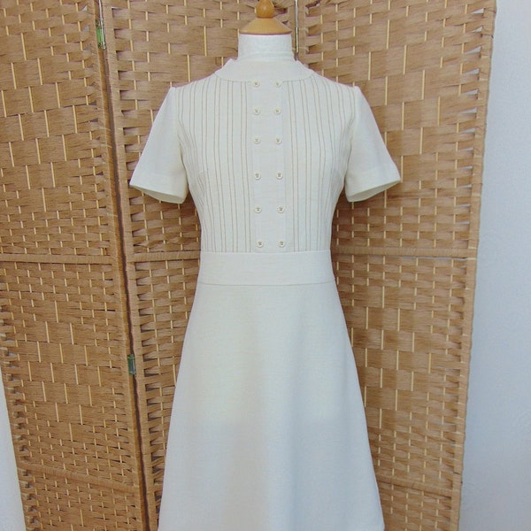 Vintage 70s Ivory and Beige A line Shift Dress Mod Scooter Dress UK Size 10