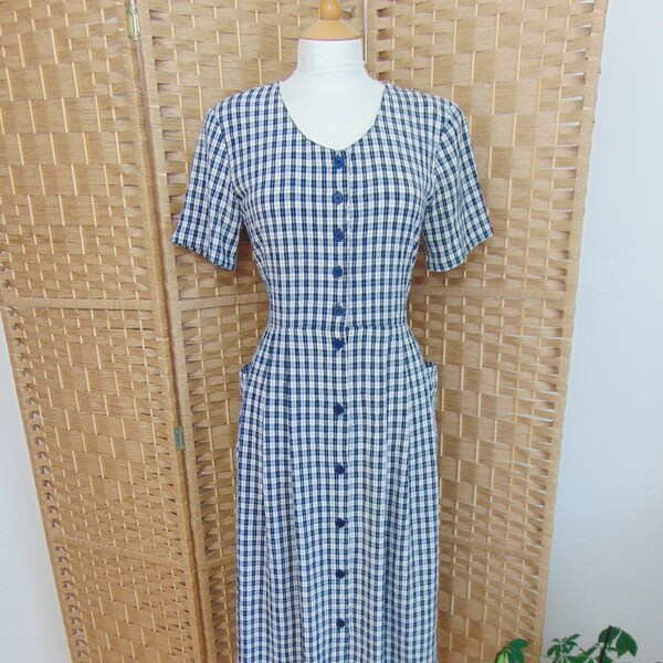Vintage 90er Jahre Blau Weiß Karo Kariertes Button Down Long Y2K Kleid UK Größe 10