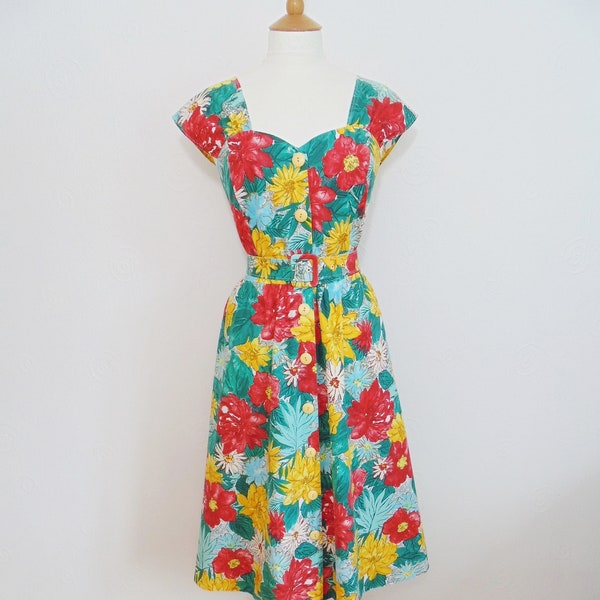 Vintage 80s Floral Cotton Summer Midi Button Down Tea Dress UK Size 12