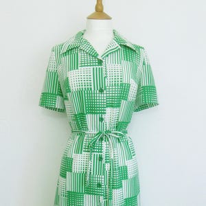 Vintage 1970s Green & White Button Down Shirt Mod Dress UK Size 12