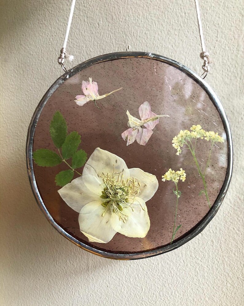 Pressed Flowers Stained glass wall hanging window hanging dried flowers suncatcher