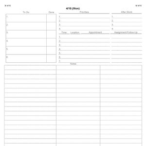 Könnte beinhalten: Ein leerer Tagesplaner mit Abschnitten für "Zu tun", "Erledigt", "Prioritäten", "Nach der Arbeit" und "Notizen". Der Planer ist mit "4/16 (Mo)" datiert.