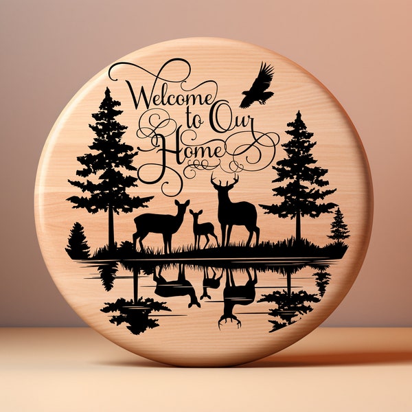 Welcome to Our Home Wildlife Style SVG, Rustic woodsy wildlife svg, laser engrave woodland scene svg, glowforge deer svg, cricut animals svg