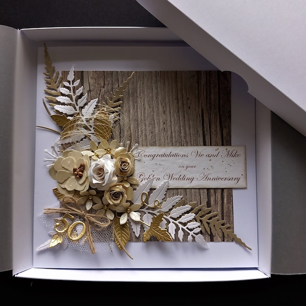 Handmade * Golden Wedding Anniversary [ 50th ] Card * Personalised * 3D * Boxed * Rustic Style * 6" x 6"