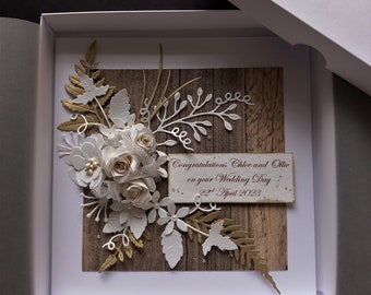 Handmade * Wedding Day / Anniversary Card * 3D *  Personalised * Boxed * Rustic Style / 6" x 6"