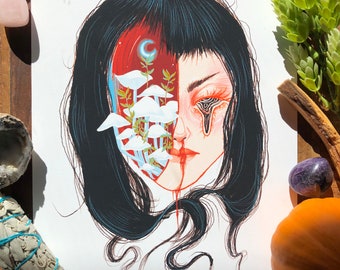 May include: A digital illustration of a woman with long black hair. Her face is split in half, with one side showing a woodland scene with mushrooms and the other side showing a human face with a tear running down her cheek.