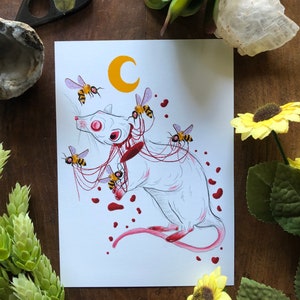 Beekeeper / 5 x 7 matte art print / Dark art / Creepy art / Rat / Bee’s / Mixed media