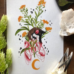 Sparrow / 5 x 7 matte art print / Dark art / Creepy / Bird / Plants / Digital art