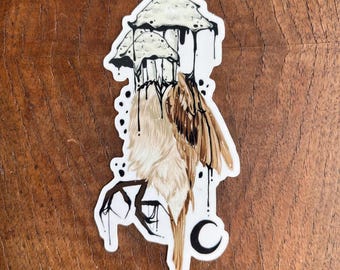 Inky Cap / Sticker Vinyl (4 x 2in) / Bird / Mushroom / Fungus / Creepy / Dark art