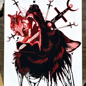 Wounded / 8 x 10 matte art print/ Wolf/ Heart/ Dark art/ Gothic/ Creepy/ Digital art