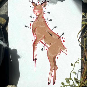 The Wounded Deer/ 8 x 10 matte art print/ Deer/ Surrealism/ Dark art/ Witchy/ Creepy/ Digital art