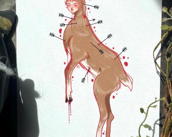 The Wounded Deer Art Print: Surreal Dark Witchy Decor (8x10)