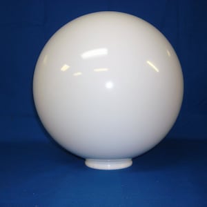 May include: A large, white, spherical globe light fixture with a small, circular base. The smooth, opaque surface reflects light, creating highlights. The fixture is designed for outdoor or indoor lighting applications.