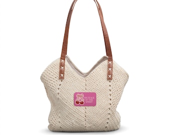 Stroh Schultertasche Stroh Schultertasche | Gehäkelte Tasche mit Leder Griffen