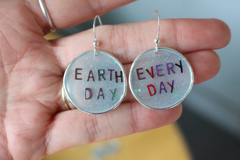 Resin Word Art Earrings Earth Day Every Day Resin Glitter Earrings Light Blue Round Resin Earrings Glow In The Dark Earth Day Earrings