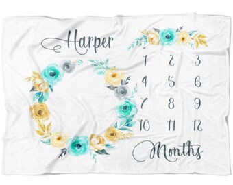 Custom Girl Milestone Blanket - Growth Tracker - Fleece - Baby Blanket - Floral Wreath Blanket - Floral Blanket - Personalized Blanket