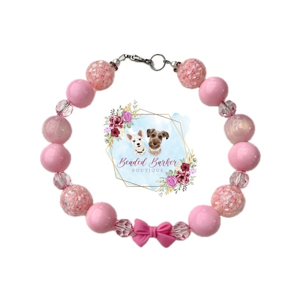 Pretty in Pink Pet Necklace, beaded collar, pet accessories, dog necklace, cat and dog accessories, valentines, pink bow necklace, coquette