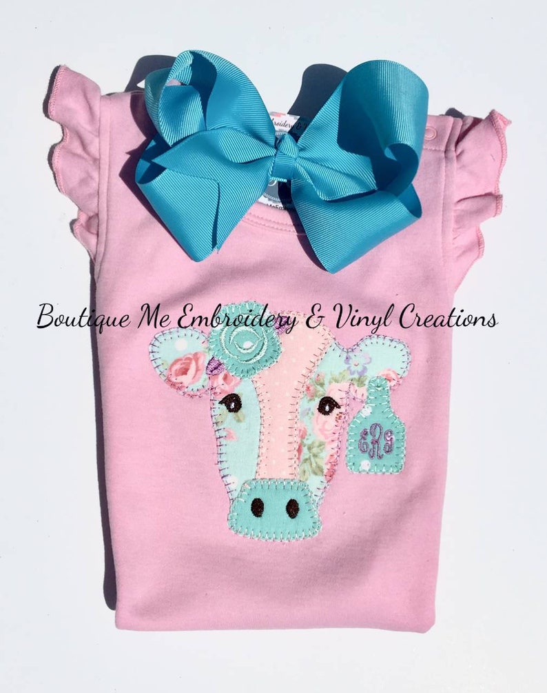 Girl Cow Applique Farm Romper Baby Girl Onesie Cow Romper Pink Cow Applique