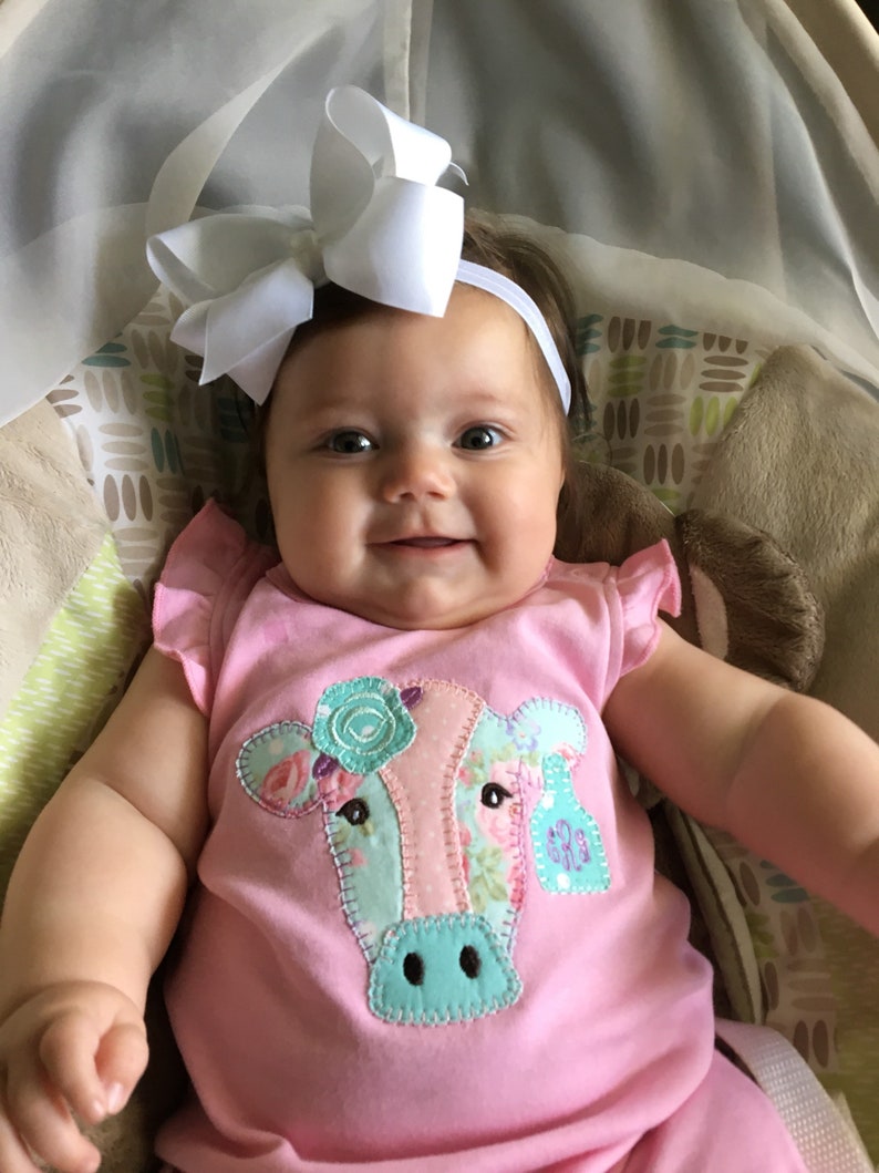 Girl Cow Applique Farm Romper Baby Girl Onesie Cow Romper Pink Cow Applique