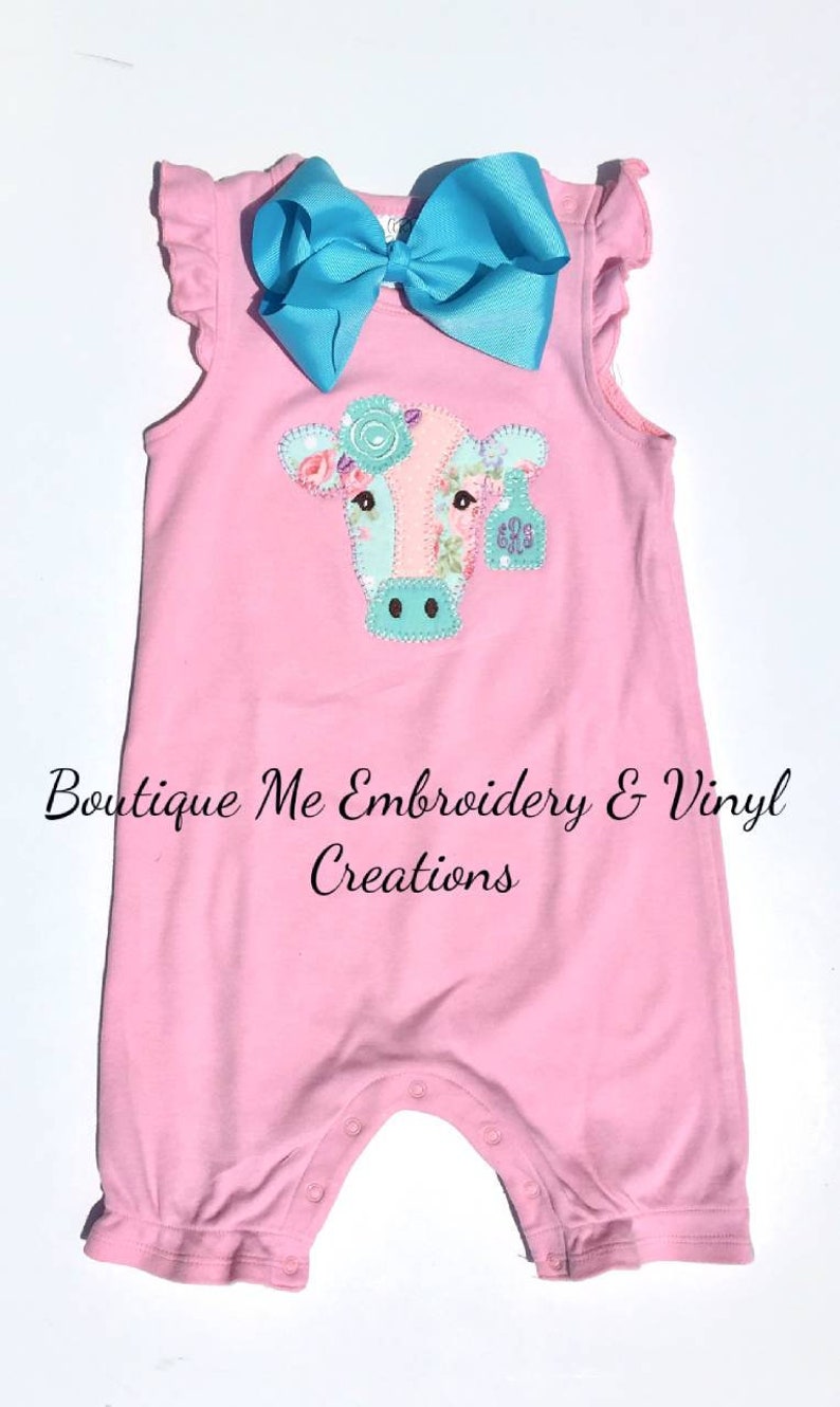 Girl Cow Applique Farm Romper Baby Girl Onesie Cow Romper Pink Cow Applique