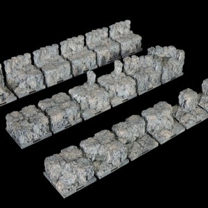 Op de afbeelding: Een set van 24 grijze en witte textuurplastic dungeon tegels voor tabletop gaming. De tegels zijn ontworpen om een rotsachtige of grotachtige omgeving te vertegenwoordigen.