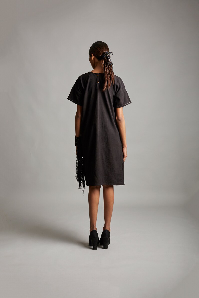 Black organic cotton dress with side pockets Handcrafted black cotton pleated dress Little black dress with minimal embroidery