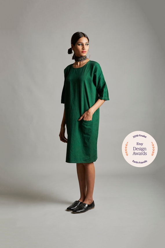 Green lightly embroidered sleeve detail dress