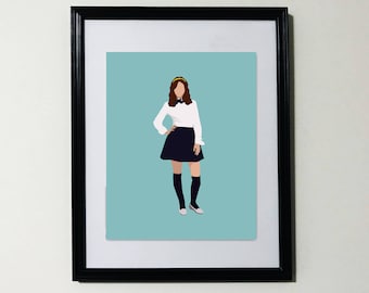 May include: A framed illustration of a person wearing a white shirt, a dark blue skirt, and dark blue socks. The person is standing on a light blue background.