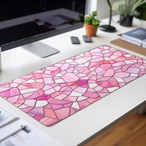 Cute Pink and White Mosaic Style Desk Mat, Gaming Mouse Pad, Computer Desk Decor