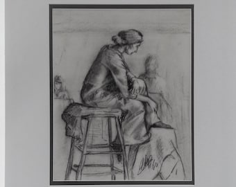 Figure Drawing Graphite on Paper 24"h x 18"w matted, Vintage 'Portrait of a Woman'