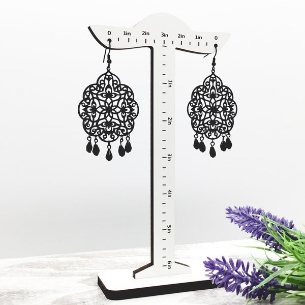 6 Inch Stand for Measuring Long Dangle Earrings, Single Pair Earring Photo Prop with Ruler in Inches, T Bar Display Earring Holder, White