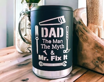 Mr Fix It 12oz Beer Can Cooler for Dad, Black Insulated Beverage Holder with Engraved Shop Tools, Handyman Birthday Gift Idea for Dad