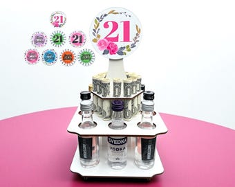 21st Birthday Shot Cake with Money Holder, Custom Cake Topper, Mini Liquor Bottle Display Centerpiece, Alcohol & Cash Gift Stand