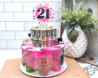 21st Birthday Shot Cake: Mini Liquor Bottle & Money Gift