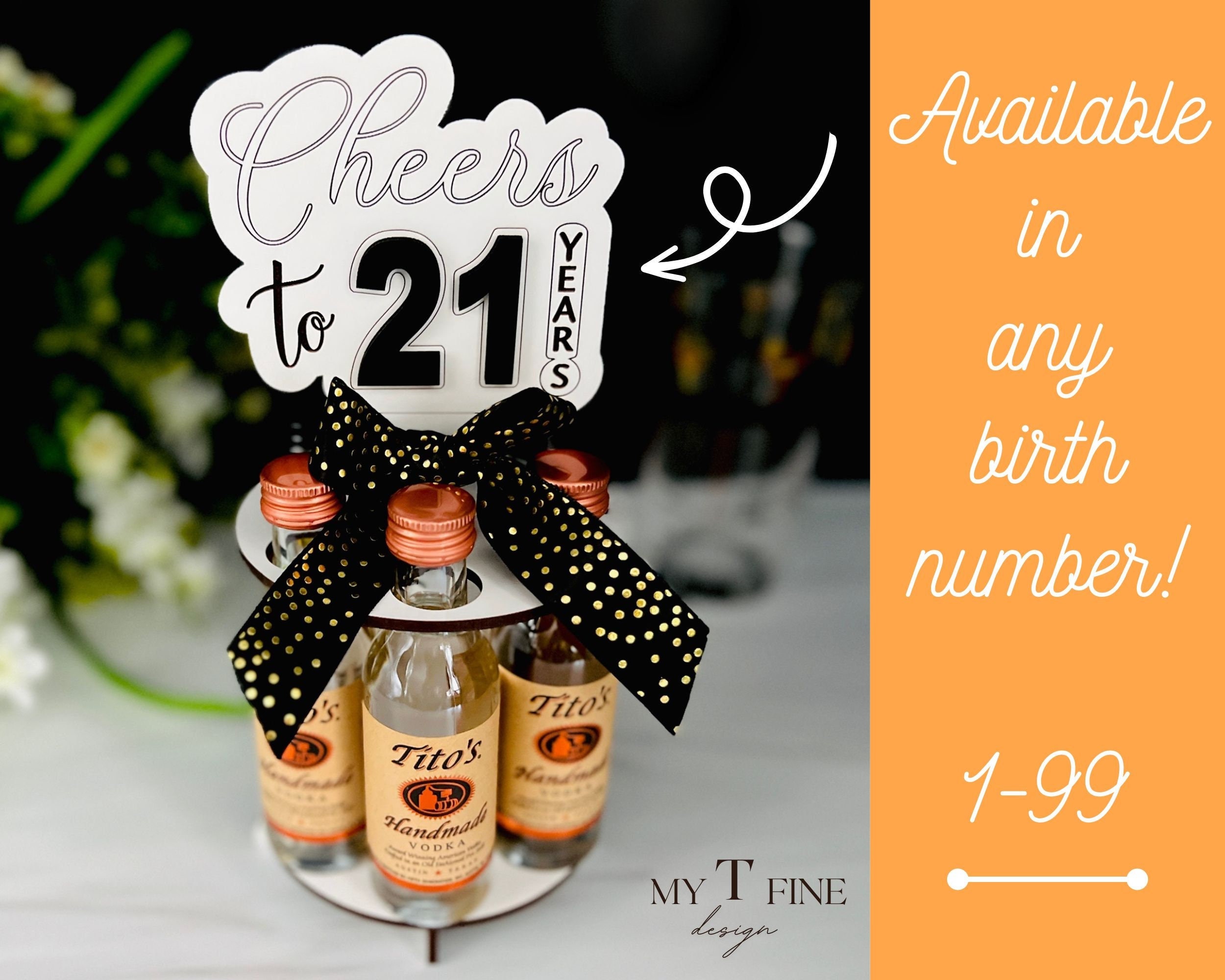 21st Birthday Gift for Her, Cheers to 21 Years Mini Liquor Bottle Stand,  Alcohol Shot Cake Gift for Him, Female 21st Decoration, Centerpiece 