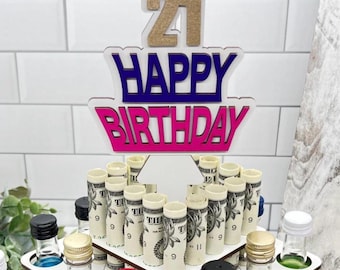 21st Birthday Shot & Money Holder Cake: Mini Liquor Bottle Tower