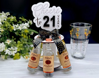 21st Birthday Gift for Her, Cheers to 21 Years Mini Liquor Bottle Stand, Alcohol Shot Cake Gift for Him, Female 21st Birthday Party Present