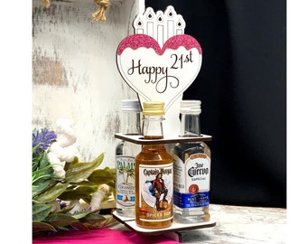 21st Birthday, Gift for Girls, 4 Pack Mini Liquor Bottle Holder with Pink Heart,  Fun 21 Birthday Gift for Daughter