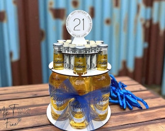 21st Birthday Beer Bottle and Money Tower for Men with Blue Bow, Money and Beer Not Included